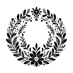 Elegant black and white floral wreath design, meticulously crafted with leaves, flowers, and delicate accents, creating a harmonious botanical composition.