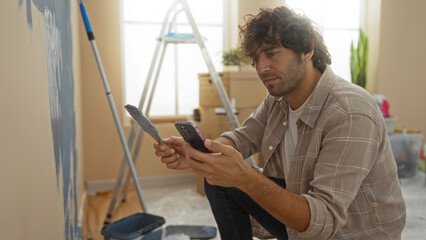 Young man painting in new home living room while checking phone pondering design possibilities and...