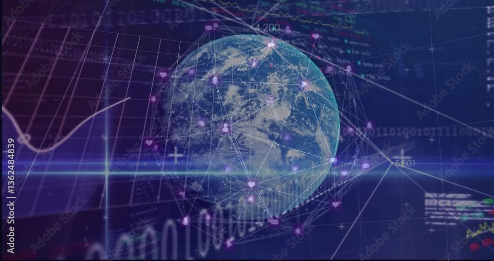 Poster digital globe with network connections and binary code over financial data animation