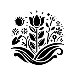 A stylized, symmetrical emblem featuring a central flower, surrounding flora, sun and gardening tools, all in black and white.