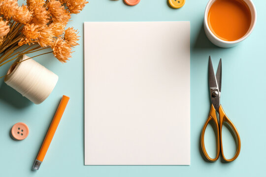 Creative flat lay with blank paper, scissors, and craft supplies on blue background