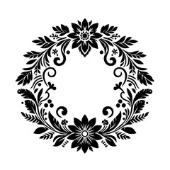 Ornate Floral Wreath in Black and White: A Symmetrical Design Featuring Flowers, Leaves, and Delicate Swirls, Perfect for Decorative Accents.
