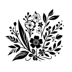 Elegant Monochrome Floral Arrangement: A Detailed Black and White Illustration of Blossoms, Berries, and Leaves on a White Background, Perfect for Decorative Applications.