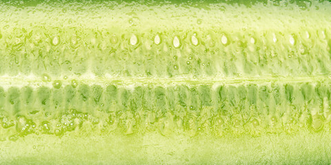 Vivid macro of watery cucumber surface showing glistening droplets and bright green texture for...