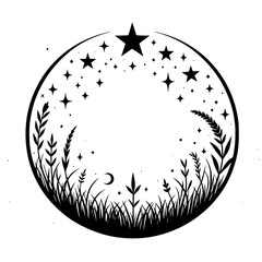 Elegant black and white illustration of a celestial sphere, featuring grassy foreground, starry sky, and a crescent moon, evoking a whimsical and dreamy atmosphere.