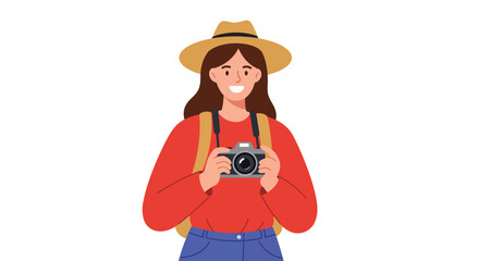 Obraz premium Young woman with camera in casual attire, flat design vector art