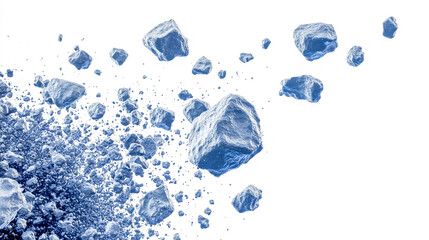 A swarm of scattered asteroids floating in space, isolated on a white background