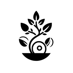A stylized black and white depiction of a plant growing in a pot. The plant has a rounded seed and an oval shape.