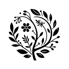 A symmetrical, stylized botanical illustration featuring a black-and-white arrangement of leaves, flowers, and berries, forming a circular composition.