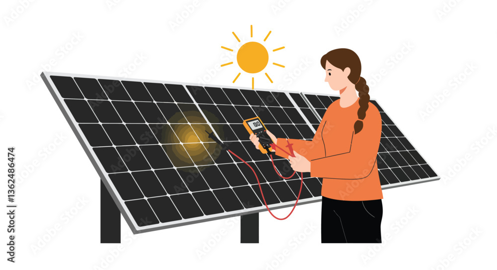 Poster woman measuring solar panel output with a multimeter in flat vector art
