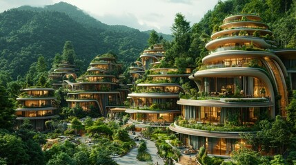 Sustainable eco-village nestled in lush green mountains