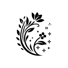 Elegant Floral Arrangement: A symmetrical black and white design featuring a stylized flower, leaves, and decorative flourishes on a clean white background.