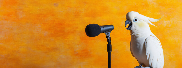 photo of a white cockatoo speaking into an unlit microphone on the right side, with a yellow background. web banner with copy space on the left.