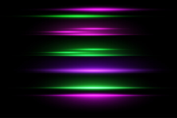 Set of horizontal lens flares. Laser green and violet beams. Neon light, rice effect. Vector.