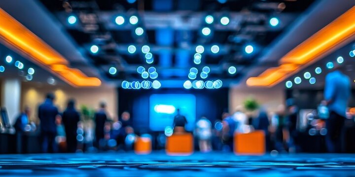 A bustling corporate conference hall with a blurry background.