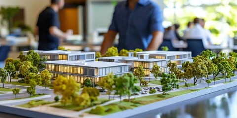 A commercial developer showcases a scale model of a new office complex.