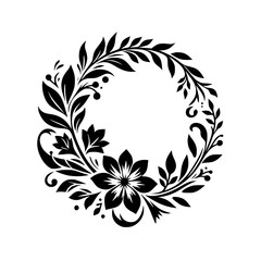 Elegant black and white floral wreath design, showcasing stylized leaves, flowers, and botanical elements arranged in a circular composition against a pure white backdrop.