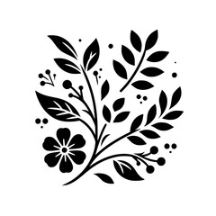 Black and White Floral Design, Featuring Flower, Berries, and Leaves in an Elegant, Symmetrical Arrangement on a White Background.