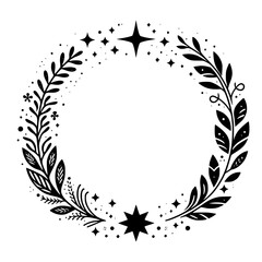 A minimalist, monochrome wreath design featuring stylized leaves, delicate sprigs, and celestial stars, creating a circular frame on a white background.