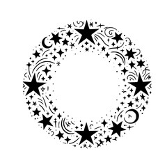 A decorative circular arrangement featuring a celestial design of stars, crescents, and stylized cosmic elements in black on a white background.