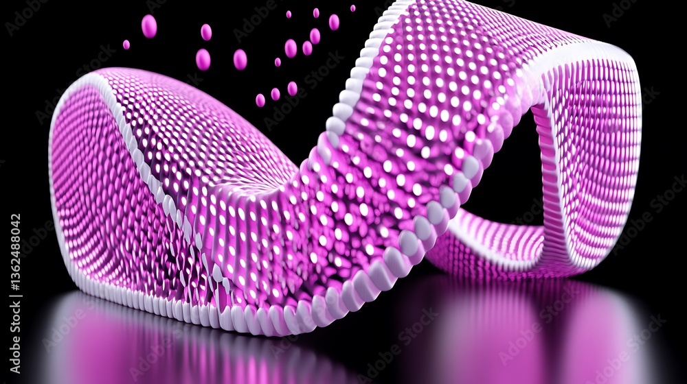 Poster a glowing pink abstract ribbon structure with several floating spherical shapes