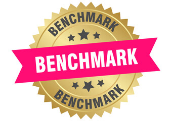 benchmark. benchmark round pink and gold label isolated on transparent background
