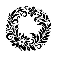 Intricate Black Floral Wreath Illustration on White Background: A symmetrical, ornate design featuring stylized flowers and leaves in a circular arrangement.