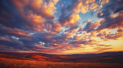 Obraz premium dramatic colorful sunset, mountainous landscape, vibrant orange and blue sky with cloud formations, scenic nature scenery, wide angle landscape photography, epic dramatic sky, award winning landscape 