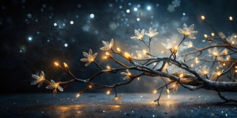 A Wintery Branch Adorned with Glittering Lights and Flowers, casting a warm glow against a dark backdrop with a soft, blurred effect.