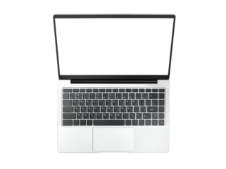 open laptop with blank screen, top view, on white isolated background
