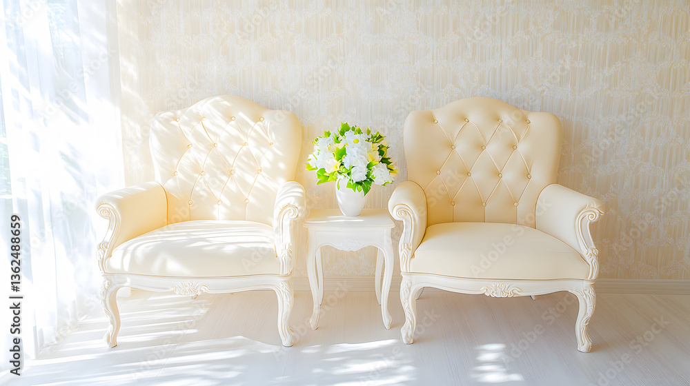 Poster two elegant cream-colored armchairs with tufted backs and a small table adorned with a flower vase, 