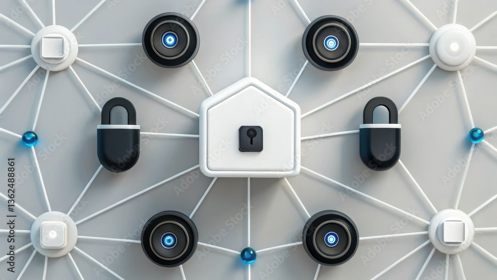 Poster smart home security system with interconnected locks and a central hub.