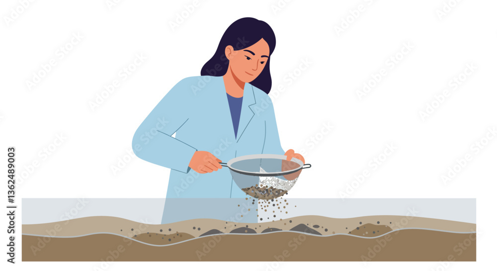 Poster female scientist sifting soil samples in a lab environment using flat vector art