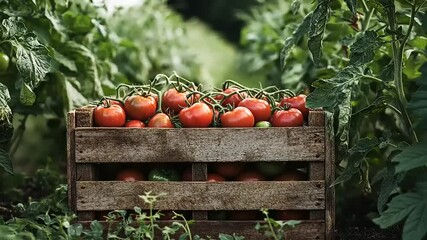 Freshly harvested ripe tomatoes in a rustic wooden crate amidst vibrant green plants