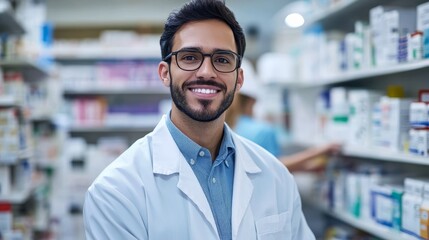 Fototapeta premium Young male pharmacist in white lab coat with glasses helping customers with friendly service