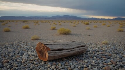 A solitary log rests on a rocky desert landscape under a cloudy sky.