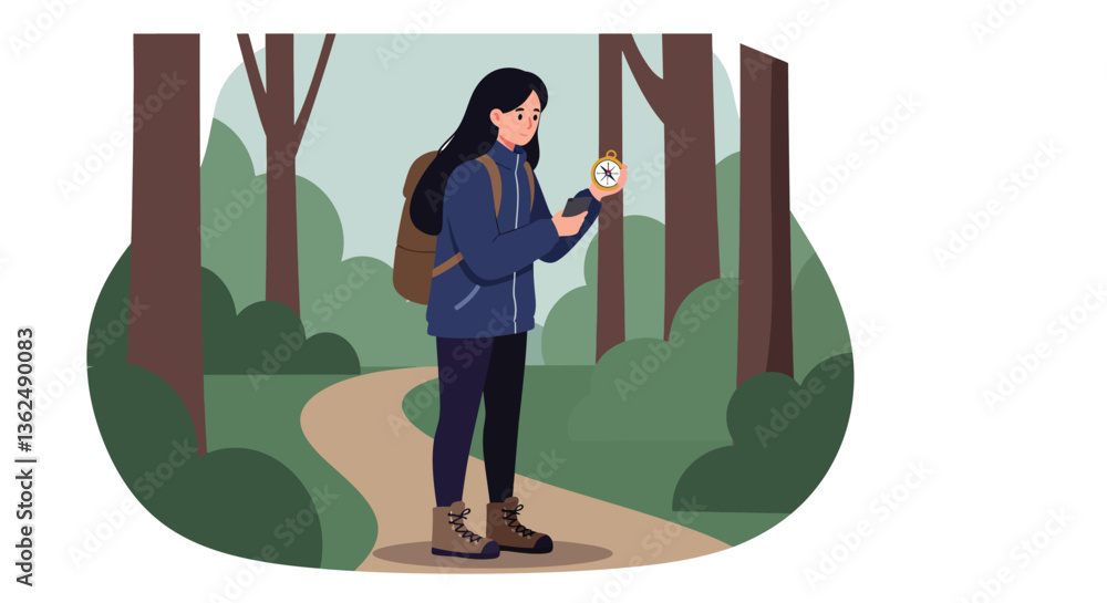 Poster adventurer checking compass in forest with minimal design vector art