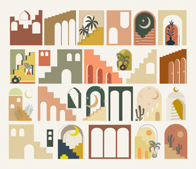Fototapeta premium Moroccan architecture decorative elements. Morocco buildings, arched gates, walls, horizontal decor