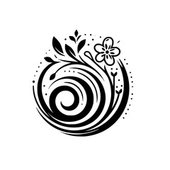 Elegant Black and White Floral Design with Swirling Lines and Dot Accents, a Stylized Representation of Nature's Beauty.