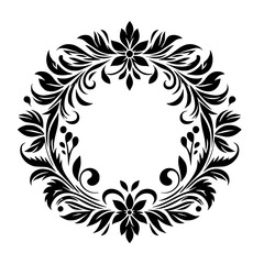 Intricate black floral wreath design featuring stylized leaves, flowers, and swirling decorative elements, presented against a stark white background, emphasizing symmetry and elegance.