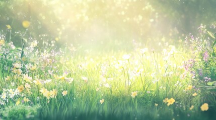 Fototapeta premium Serene Spring Meadow with Pastel Blooms and Dreamy Glow