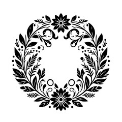 A symmetrical, black and white floral wreath design featuring stylized flowers, leaves, and decorative elements, perfectly circular on a clean white backdrop.