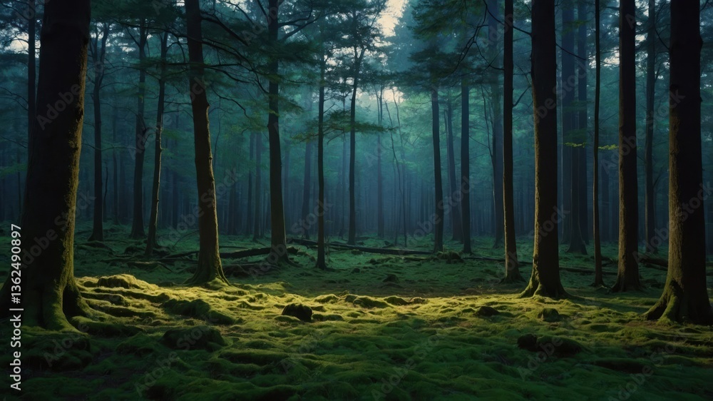 Poster a serene forest scene illuminated by soft light, showcasing trees and moss-covered ground.