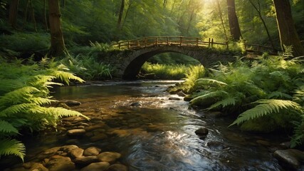 A serene forest scene featuring a stone bridge over a flowing stream amidst lush greenery.