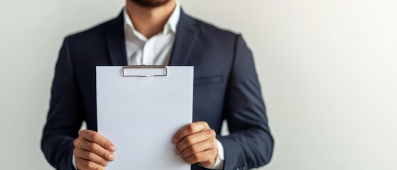 A professional man in a suit holds a blank clipboard against a plain background, suggesting business or formal communication.