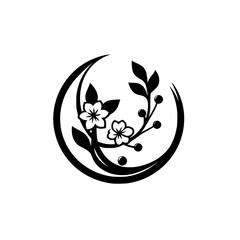 Minimalist black and white floral emblem featuring stylized blossoms and leaves within a crescent moon shape.