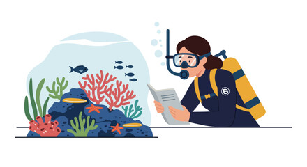 Obraz premium Diver observing coral reef while reading underwater guide in flat vector art