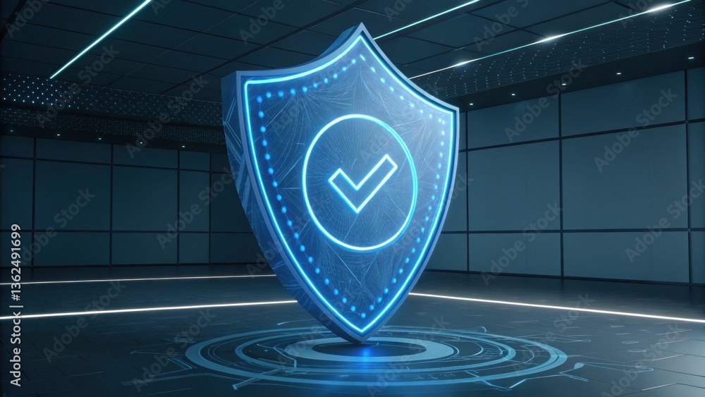 Poster cybersecurity shield: a glowing, futuristic shield with a checkmark symbol representing digital secu
