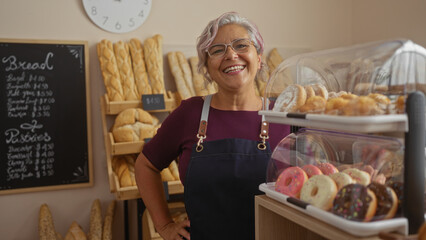 Hispanic woman with grey hair smiling in a bakery interior with breads and pastries displayed around her.