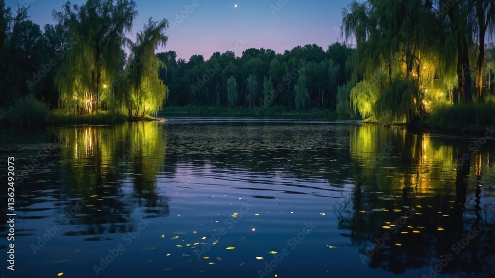Poster a serene twilight scene of a calm lake surrounded by illuminated trees and reflections.